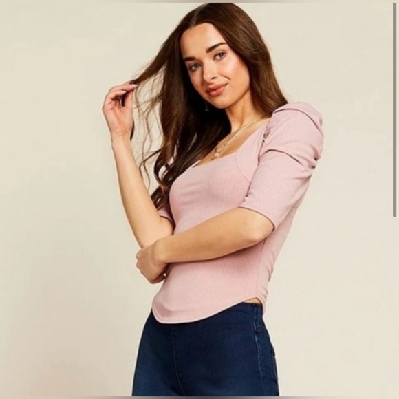 FREE PEOPLE NIGHT LILY SQUARE NECK PUFF SLEEVE RIBBED PALE MAUVE SIZE S NWT - Picture 2 of 12